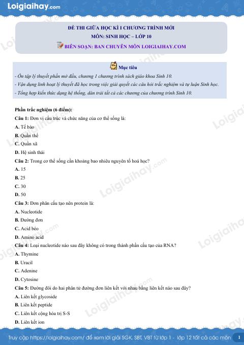 Đề thi giữa kì 1 Sinh 10 Cánh diều - Đề số 9